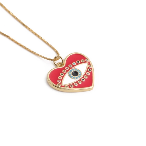 Collar Con Colgante De Corazón Cobre Chapado En Oro Ojo Malvado Circonita Cadena De Caja Joyería Elegante