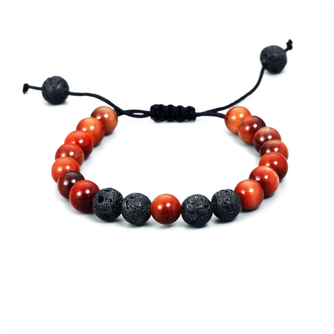 Men Beaded Bracelet Red Tiger Eye And Volcanic Stone Adjustable Woven Rope Handmade Natural Stone Jewelry