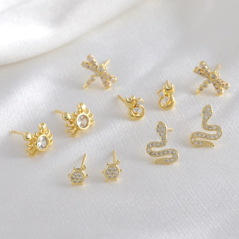 Cute Animal Shape Copper Zirconia Stud Earrings For Women Cat Turtle Crab Seahorse 925 Sterling Silver Earring Post Jewelry