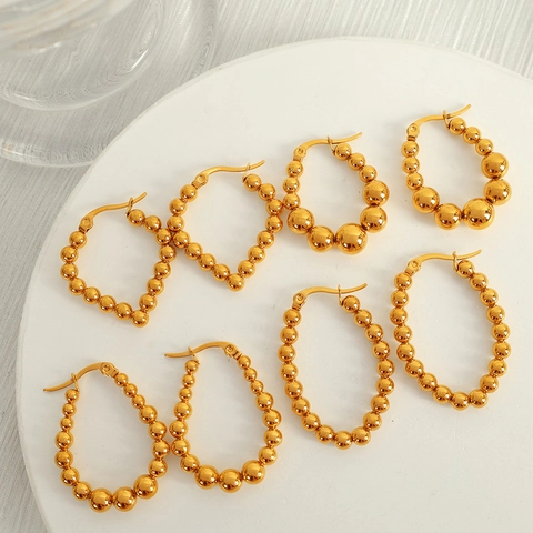 Stainless Steel Geometric Bead Hoop Earrings For Women Gold Plated Vintage Ins Style Dangle Earrings Jewelry Gift