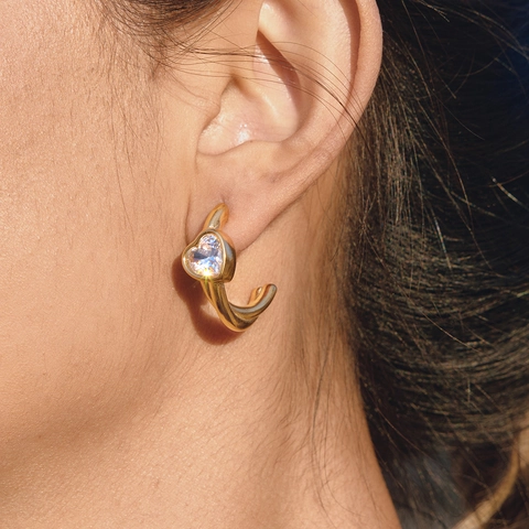 Stainless Steel Heart Rhinestone C-Shaped Stud Earrings For Women Light Luxury Gold Plated Fashion Jewelry Accessory
