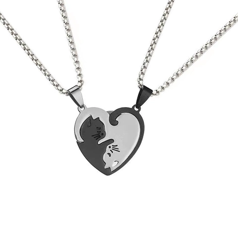 Puzzle Cat Pendant Necklace Stainless Steel Matching Heart Yin Yang Jewelry For Couples Best Friends Anniversary Gift