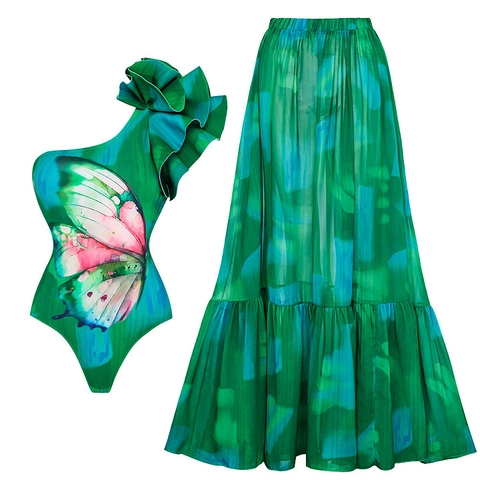 Maillot De Bain En Nylon À Une Épaule Pour Femme Et Jupe Imprimé Papillon Vert Volant Plage