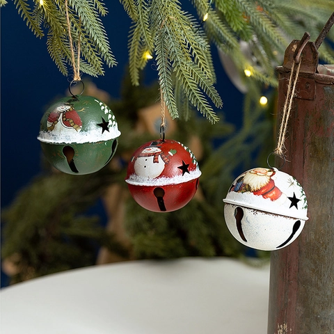 Christmas Metal Hanging Bells Painted Santa Claus Snowman Retro Iron Ornaments Holiday Home Tree Decoration With Jute Rope