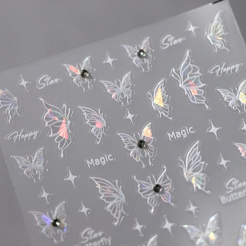 3D Relief Holographic Butterfly Nail Art Stickers Rhinestone Self Adhesive Star Pattern Elegant Manicure Decor