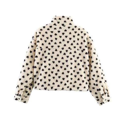 Giacca in Pile Sherpa da Donna con Stampa a Cuore Colletto in Piedi Divisa da Baseball in Velluto Teddy