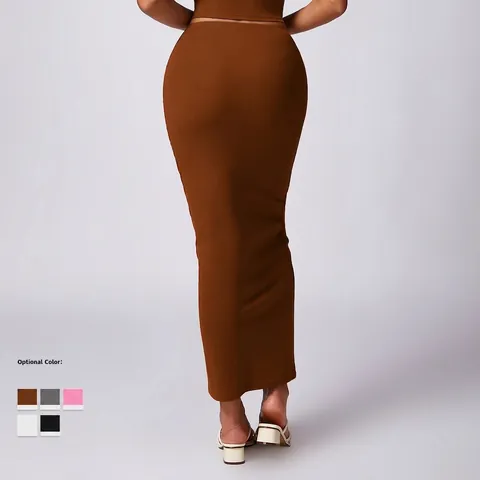 Damen Maxi Rock Mit Hoher Taille Figurbetont Baumwolle Spandex Rippstrick Schlanke Passform Elastischer Bund Knöchellang Lässig