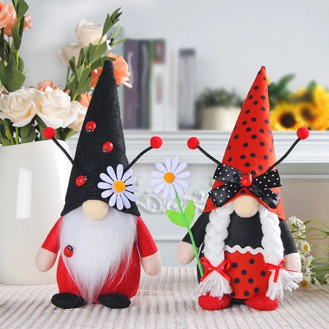 Gnomo Mariquita Peluche Decoración Tomte Escandinavo Primavera Adorno Escritorio Tela Hecho Mano Margarita Para Hogar Chimenea Estante