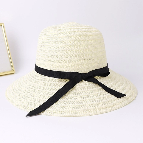 Women Wide Brim Straw Sun Hat Foldable Paper Braided Beach Hat With Black Ribbon Bowknot Summer UV Protection Cap Fashion