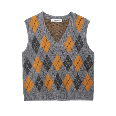 Damen Argyle Strickweste V-Ausschnitt Ärmellos Preppy Style Vintage Pullover Strickwaren Grau Argyle Muster Pullover Weste