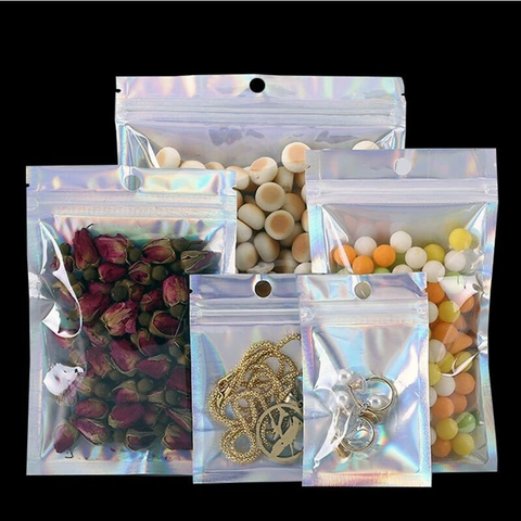 Holographic Laser Ziplock Bags Rainbow Clear Plastic Packaging Bags For Jewelry Phone Case Storage With Hanging Hole