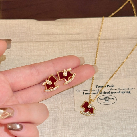 Rocking Horse Pendant Necklace And Earrings Red Enamel Zircon With Silver Earring Post Gold Plated Animal Jewelry For Women