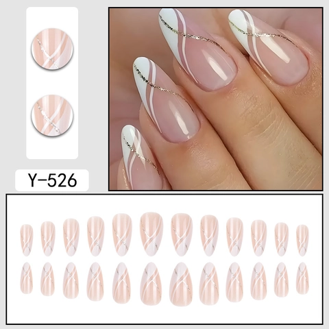 Eleganti Unghie Finte Lunghe A Mandorla Base Rosa Nude Onde Bianche Punte Francesi Linee Glitterate Oro Unghie Artificiali