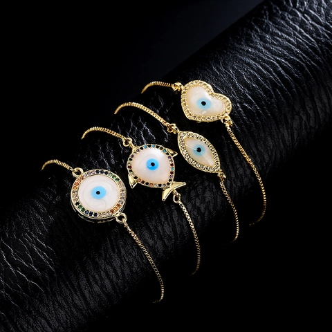 Evil Eye Armband 18K Vergoldetes Kupfer Zirkonia Muschelemaille Verstellbare Boxkette Modischer Boho Schmuck Damen
