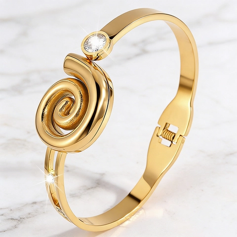 Stainless Steel Gold Plated Spiral Design Bangle With Rhinestone Inlay For Women Minimalist Elegant Fashion Jewelry Wristband