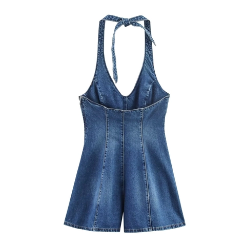 Women Sexy Halter V-Neck Washed Denim Romper Slim Fit Backless Sleeveless Jumpsuit American Retro Summer Play Suit