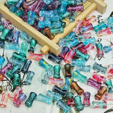 Bamboo Joint Glass Beads Gold Foil Ink Wash Marbling Design For DIY Jewelry Making Bracelet Hair Accessory Loose Beads