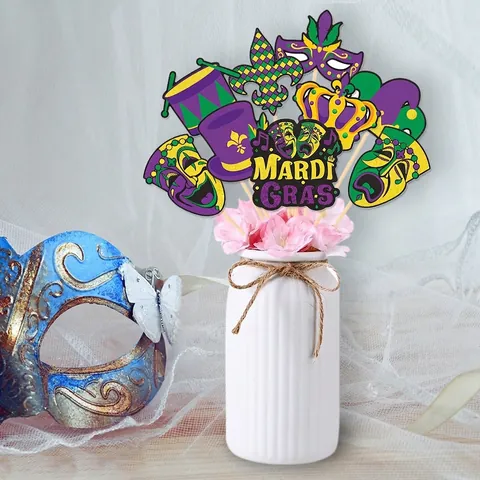 Mardi Gras Party Dekoration Mittelstück Stöcke Papier Maske Krone Hut Requisiten Für Karneval Tisch Ornament Lila Grün Gold