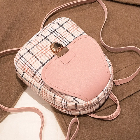 Women Mini Plaid Backpack Fashion PU Leather Checkered Crossbody Bag With Heart Lock Small School Travel Daypack