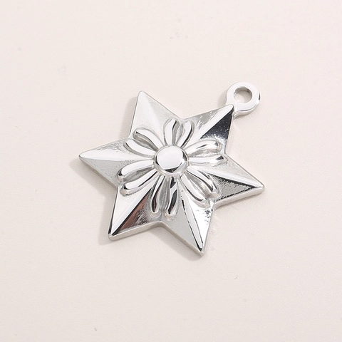 Hexagram Star Pendant Stainless Steel Flower Relief Charm Hip Hop Punk Rock DIY Jewelry Making Accessories Silver Color