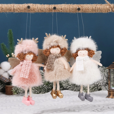 Plush Christmas Angel Doll With Antlers Glitter Wings Plaid Scarf Hanging Decoration For Xmas Tree Party Home