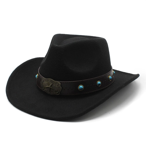 Western Cowboy Hat Woolen Felt Wide Brim Leather Belt Turquoise Star Buckle Retro Jazz Fedora For Men Women