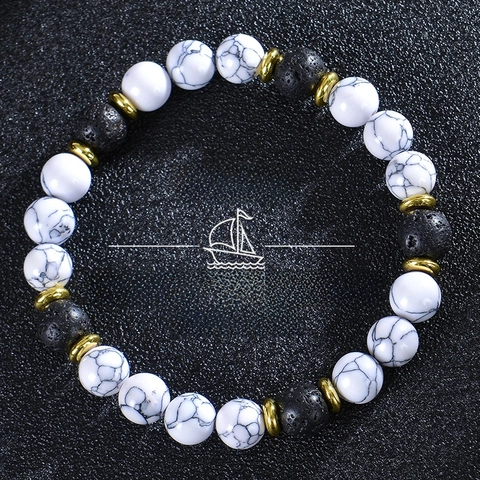 Natural White Turquoise And Volcanic Lava Stone Beaded Bracelet With Gold Tone Spacers Energy Dream Luck For Unisex