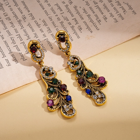 Vintage Bohemian Colorful Rhinestone Dangle Earrings Alloy Hollow Out Filigree With Silver Earring Post For Women