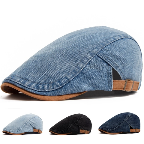 Vintage Gewassen Denim Flat Cap Casual Retro Ivy Hat Met Suede Patchwork Verstelbare Metalen Gesp Voor Dames En Heren