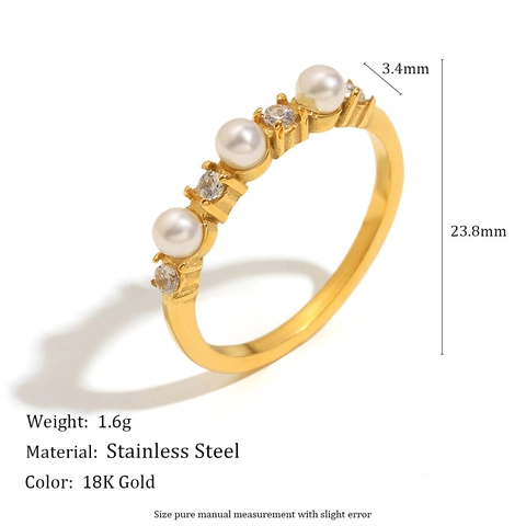 Elegant Artificial Pearl Cubic Zirconia Ring 18K Gold Plated Stainless Steel Niche Design Luxury Jewelry For Women