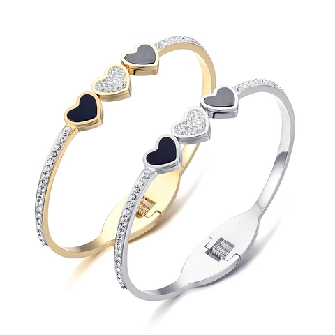 Fashion Heart Shaped Open Bangle Stainless Steel Rhinestone Enamel Bracelet For Women Jewelry