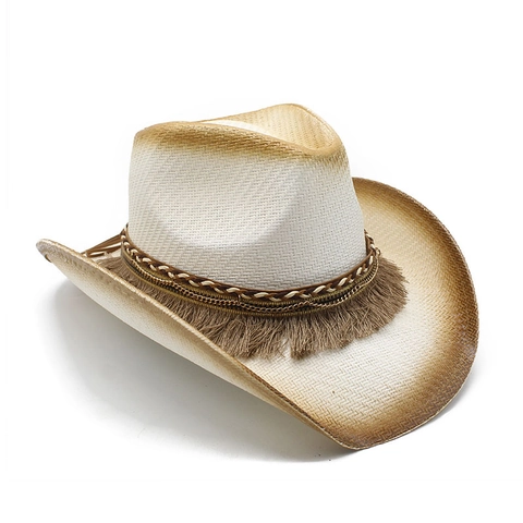 Western Cowboy Straw Hat Vintage Wide Brim Paper Straw Hat With Tassel Fringe Chain Decoration Beach Vacation Sun Hat