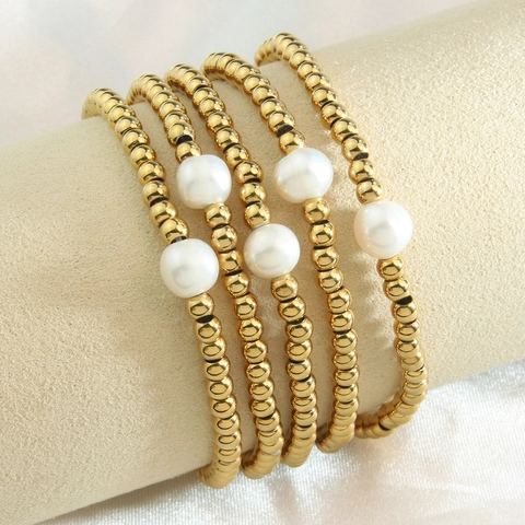 Braccialetto a Perline in Acciaio Inossidabile Placcato Oro 18K con Perla di Conchiglia Gioielli Minimalisti per Donna Uomo