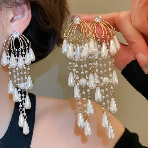 Tassel Druppeloorbellen Met Zirkoon Imitatie Kunstparel Koper Waterdruppel Franse Stijl 925 Sterling Zilveren Oorbelpost