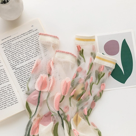 Damen Transparente Netzsocken Ultradünn Atmungsaktiv GlasSatin Tulpe Floral Bestickung Süße Fee Stil Sommer Lässig