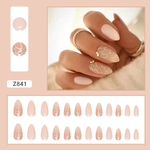 Press On Nagels Amandelvorm Nude Roze Glitter Blad Ontwerp Kunstnagels Strass Decoratie Voor Vrouwen Elegant