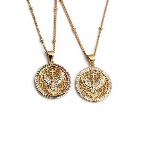 Dove Of Peace Cross Pendant Necklace Copper Inlaid Zircon Colorful Stones Gold Plated Religious Jewelry For Women