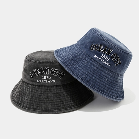 Bucket Hat Washed Cotton Wide Brim With Adjustable Windproof Rope Retro Embroidery Sun Protection Fisherman Cap