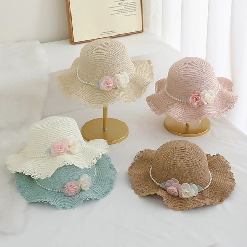 Sombrero De Paja Para Niños Protección Solar Playa Con Perla Artificial Flor Encaje Borde Ondulado Accesorio De Verano