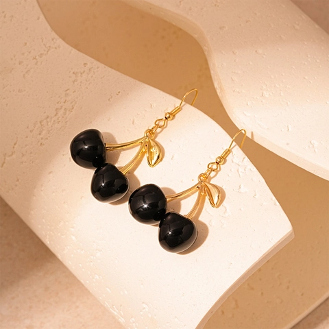 Black Cherry Drop Earrings Resin Alloy Fruit Dangle Gold Leaf With Stainless Steel Earring Hook Dark Aesthetic Women
