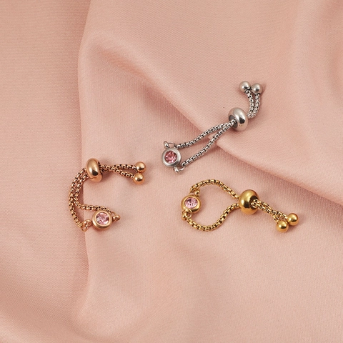 Adjustable Birthstone Ring 304 Stainless Steel Pink Zircon Sliding Chain Pull Out Fashion Jewelry For Women