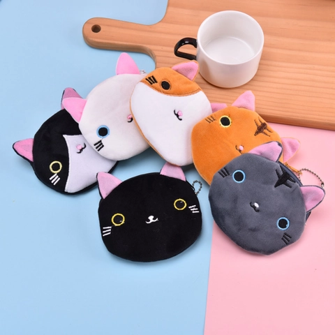 Plush Cat Head Coin Purse Kawaii Animal Embroidered Earphone Organizer Pouch Soft Storage Bag Pendant Accessory For Girls