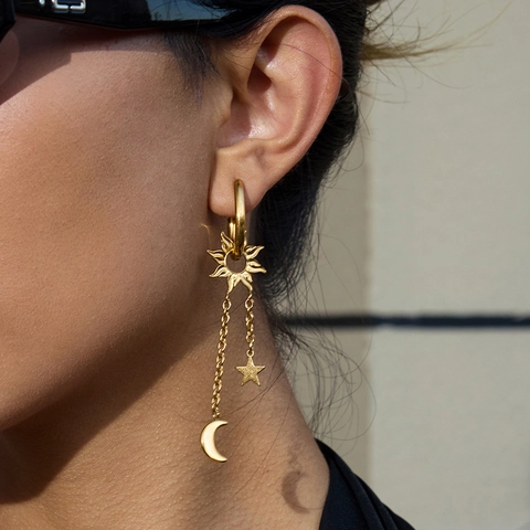 Stainless Steel Star Moon Sun Tassel Hoop Earrings For Women Gold Plated Celestial Dangle Earrings With Zircon Jewelry