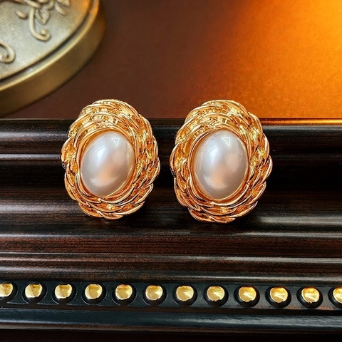 Boucles D'oreilles Puces Künstliche Perles Ovales Avec Tige En Argent 925 Bijoux En Alliage Plaqué Or Vintage Français Pour Femmes