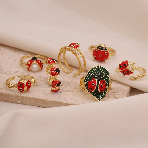 Simpatico Anello Regolabile Aperto Coccinella Rame Smalto Insetto Animale Zircone Gioielli Di Moda Per Donne