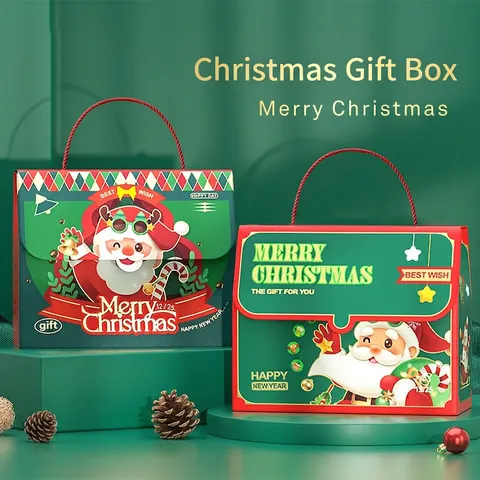 Weihnachtsgeschenkboxen Karton Tragbare Apfelverpackung Mit Griff Weihnachtsmann Cartoon Muster Feiertagsfeier Bevorzugt Taschen