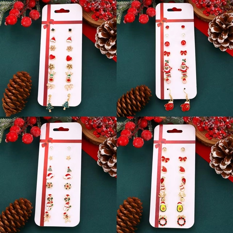 Ensemble De Boucles D'oreilles De Noël Pour Femmes Père Noël Renne Arbre Flocon De Neige Émail Alliage Strass Bijoux