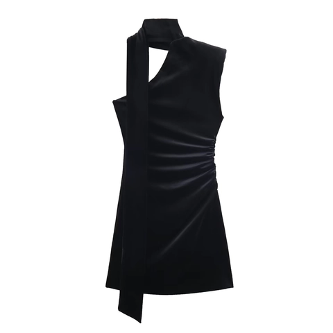Samt Ärmelloses Minikleid Schalhals Seitlich Gerafft Unregelmäßiger Ausschnitt Slim Fit Party Clubwear Abend Sexy Schwarz