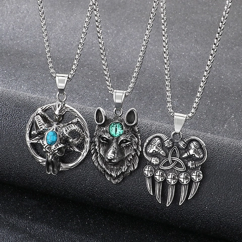 Collana Vichinga In Acciaio Inox Pendente Lupo Ariete Serpente Gioielli Uomo Con Turchese E Occhio Di Gatto