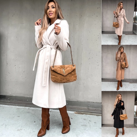Women Long Woolen Coat Belted Lapel Long Sleeve Solid Color Warm Autumn Winter Outerwear Elegant Fashion
